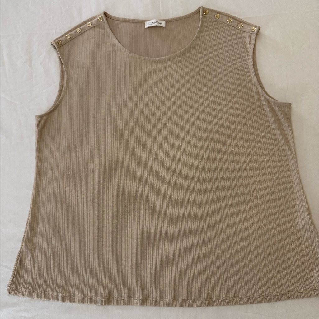 Calvin Klein Sleeveless Ribbed Knit Top Gold Button Shoulder Tank Beige - Xl